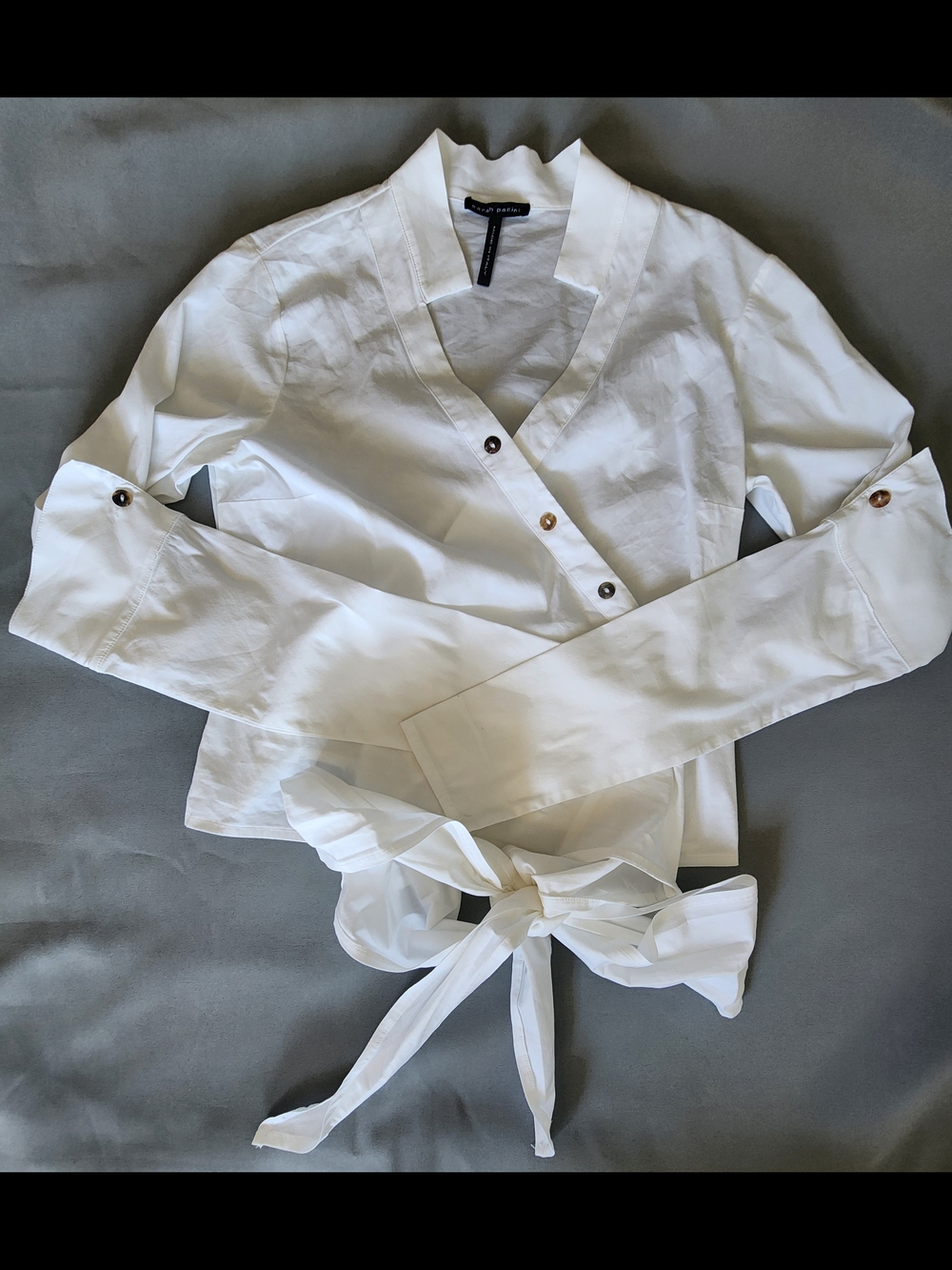 Sarah Pacini Italy White Asymmetric Wrap Blouse Cutout V-Neck Tie Waist